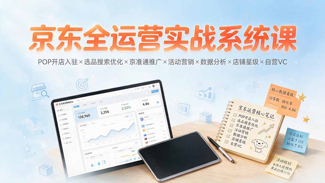 京东全运营实战系统课：POP开店入驻×选品搜索优化×京准通推广×活动营销×数据分析×店铺星级×自营VC-小艾项目网