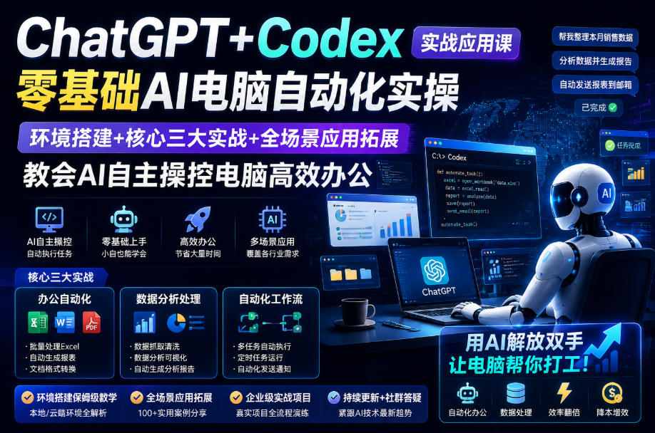 ChatGPT+Codex实战应用课｜零基础AI电脑自动化实操，环境搭建+核心三大实战+全场景应用拓展，教会AI自主操控电脑高效办公-小艾项目网