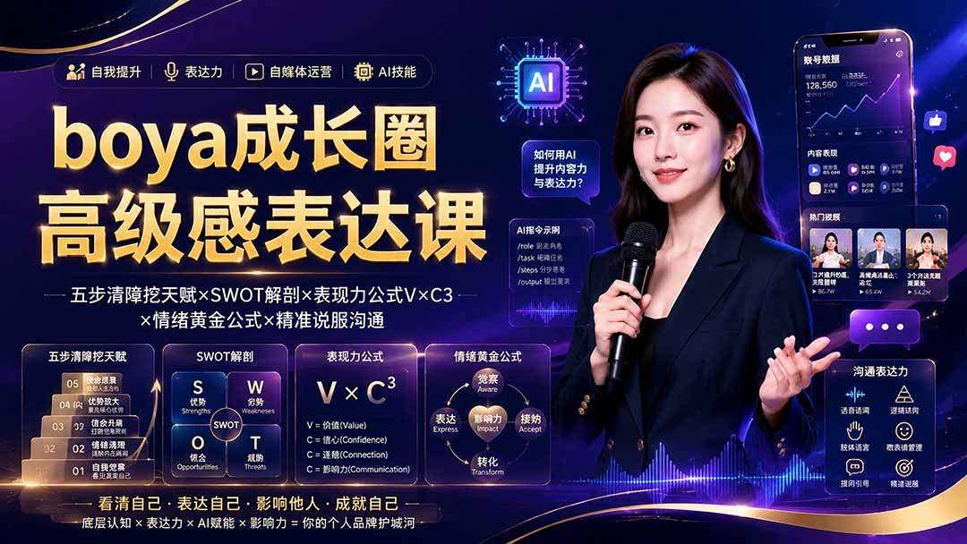 boya成长圈｜内心成长高级表达AI自媒体三合一，消解内耗挖掘天赋，镜头沟通AI指令短视频全流程教学-小艾项目网