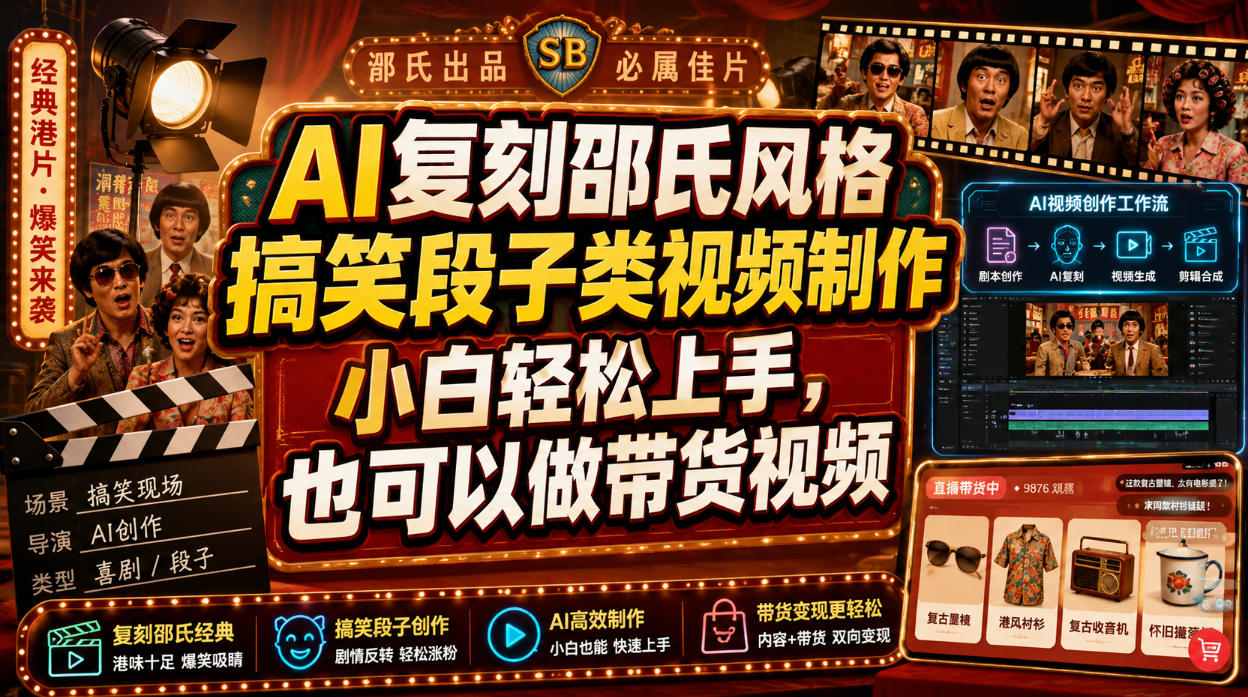 AI复刻邵氏风格搞笑段子类视频制作，小白轻松上手，也可以做带货视频-小艾项目网