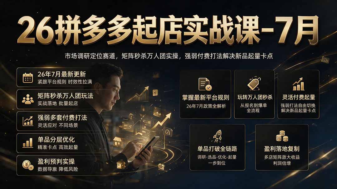 26拼多多起店实战课-7月｜市场调研定位赛道，矩阵秒杀万人团实操，强弱付费打法解决新品起量卡点-小艾项目网