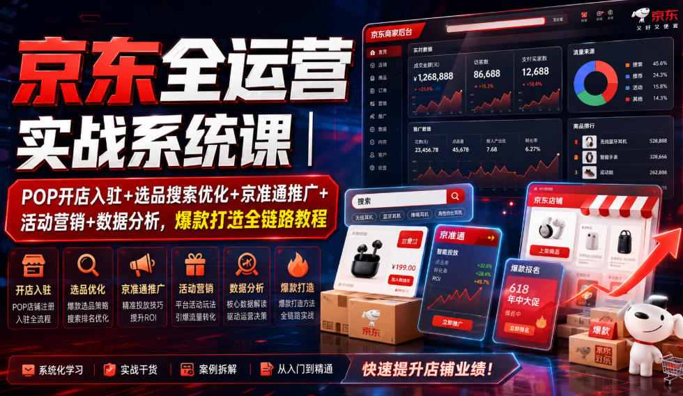 京东全运营实战系统课｜POP开店入驻+选品搜索优化+京准通推广+活动营销+数据分析，爆款打造全链路教程-小艾项目网