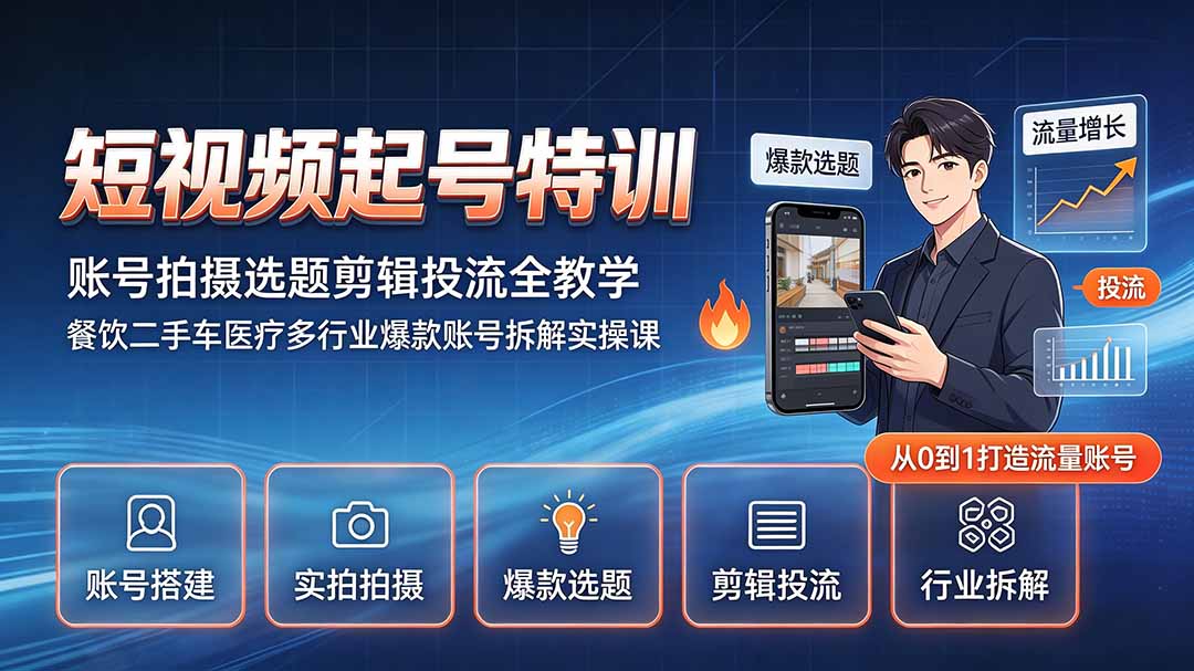 短视频起号特训｜账号拍摄选题剪辑投流全教学，餐饮二手车医疗多行业爆款账号拆解实操课-小艾项目网