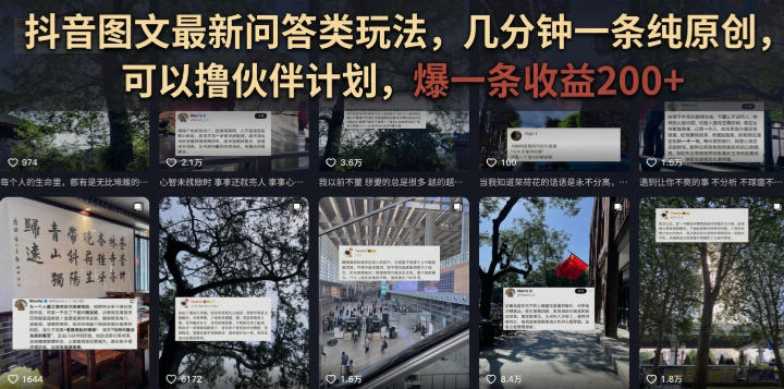 抖音图文最新问答类玩法，几分钟一条纯原创，可以撸伙伴计划，爆一条收益200+-小艾项目网