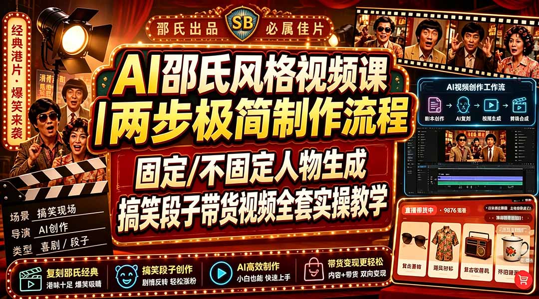 AI邵氏风格视频课｜两步极简制作流程，固定/不固定人物生成，搞笑段子带货视频全套实操教学-小艾项目网