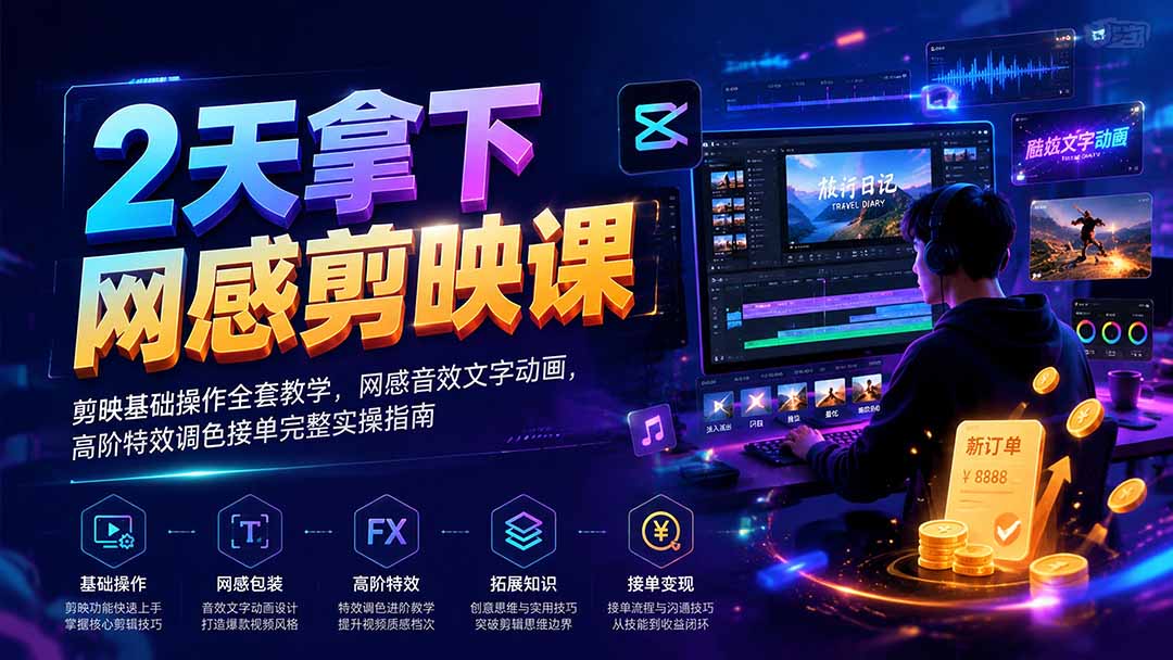 2天拿下网感剪辑课｜剪映基础操作全套教学，网感音效文字动画，高阶特效调色接单完整实操指南-小艾项目网