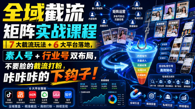 全域截流矩阵实战课程｜7大截流玩法+6大平台落地，素人号+行业号双布局，不要脸的截流打粉，咔咔咔的下钩子！-小艾项目网