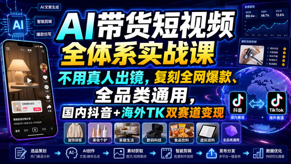 AI带货短视频全体系实战课，不用真人出镜，复刻全网爆款、全品类通用，国内抖音+海外TK双赛道变现-小艾项目网
