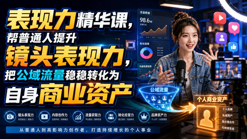 表现力精华课，帮普通人提升镜头表现力，把公域流量稳稳转化为自身商业资产-小艾项目网