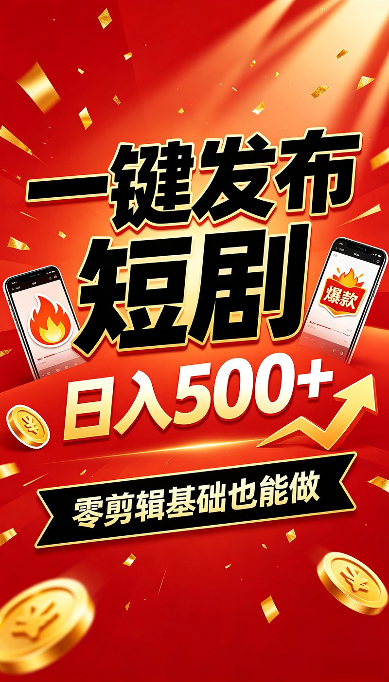 快手短剧一键发布，不用剪辑操作简单，副业日入500+。空闲时间轻松赚收益-小艾项目网