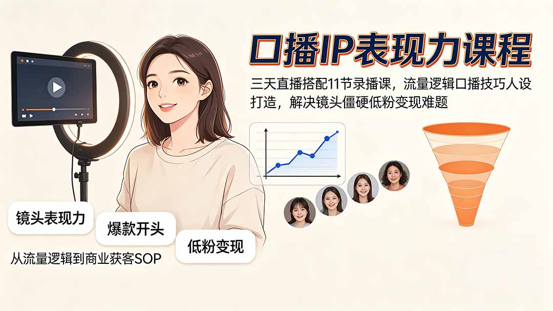 口播IP表现力课程｜三天直播搭配11节录播课，流量逻辑口播技巧人设打造，解决镜头僵硬低粉变现难题-小艾项目网