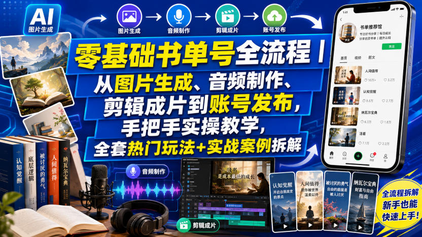 零基础书单号全流程｜从图片生成、音频制作、剪辑成片到账号发布，手把手实操教学，全套热门玩法+实战案例拆解-小艾项目网