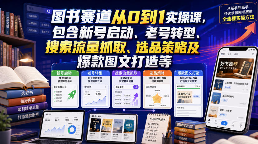 图书赛道从0到1实操课,包含新号启动、老号转型、搜索流量抓取、选品策略及爆款图文打造等-小艾项目网