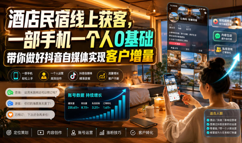 酒店民宿线上获客，一部手机一个人0基础带你做好抖音自媒体实现客户增量-小艾项目网