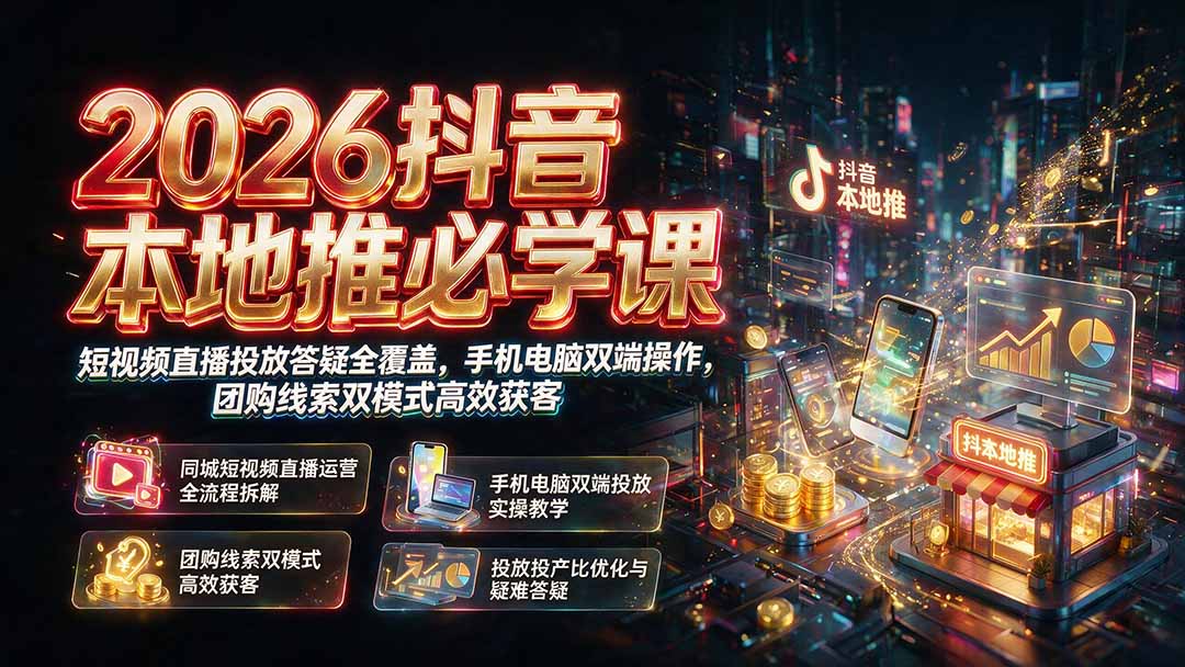 2026抖音本地推必学课｜短视频直播投放答疑全覆盖，手机电脑双端操作，团购线索双模式高效获客-小艾项目网