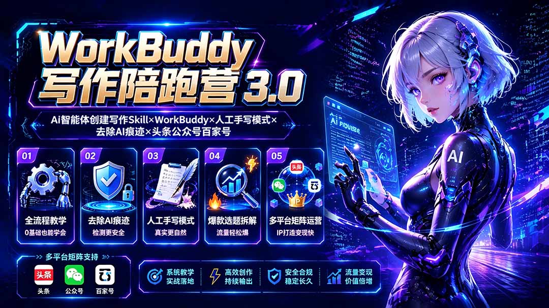 WorkBuddy写作陪跑营3.0-更新：Ai智能体创建写作Skill×WorkBuddy×人工手写模式×去除AI痕迹×头条公众号百家号-小艾项目网