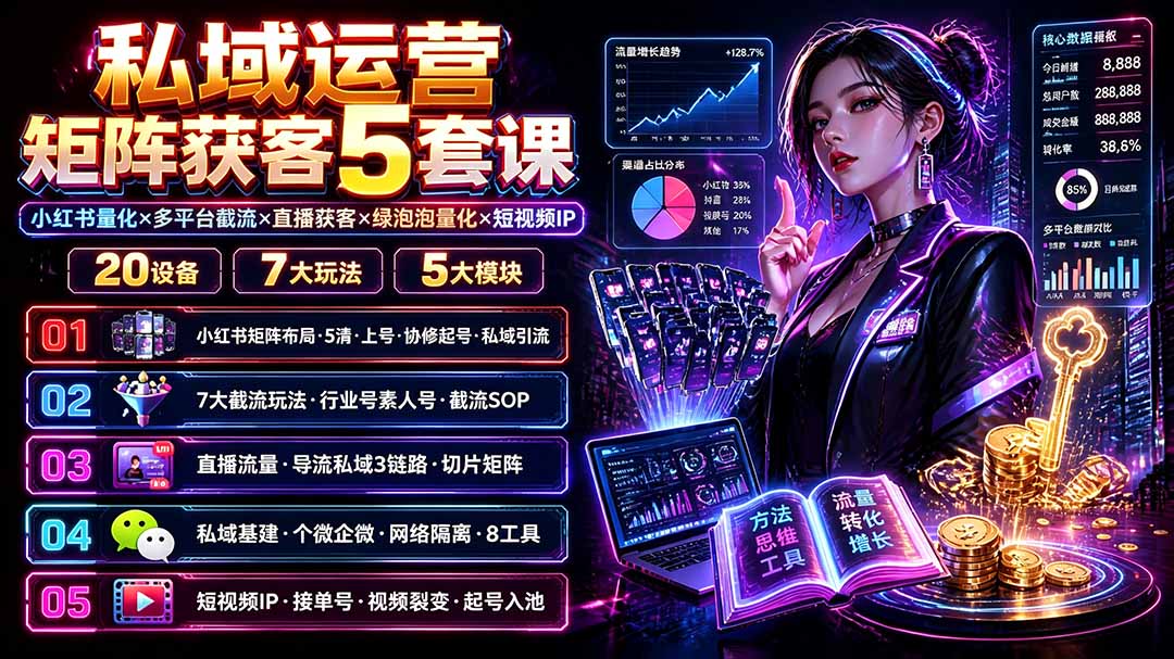 私域运营矩阵获客5套课：小红书量化×多平台截流×直播获客×绿泡泡量化×短视频IP×20设备×7大玩法-小艾项目网