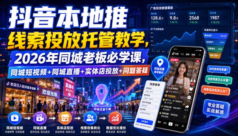 抖音本地推线索投放托管教学，2026年同城老板必学课，同城短视频+同城直播+实体店投放+问题答疑-小艾项目网