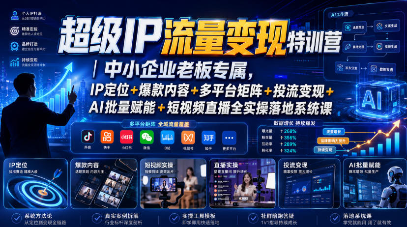 超级IP流量变现特训营｜中小企业老板专属，IP定位+爆款内容+多平台矩阵+投流变现+AI批量赋能+短视频直播全实操落地系统课-小艾项目网