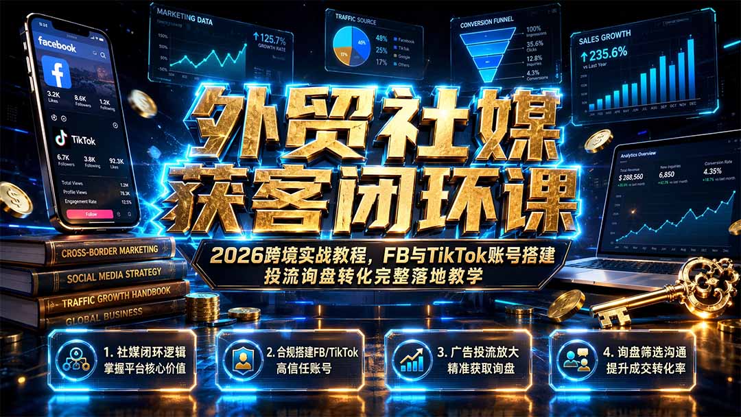 外贸社媒获客闭环课|2026跨境实战教程,FB与TikTok账号搭建投流询盘转化完整落地教学-小艾项目网