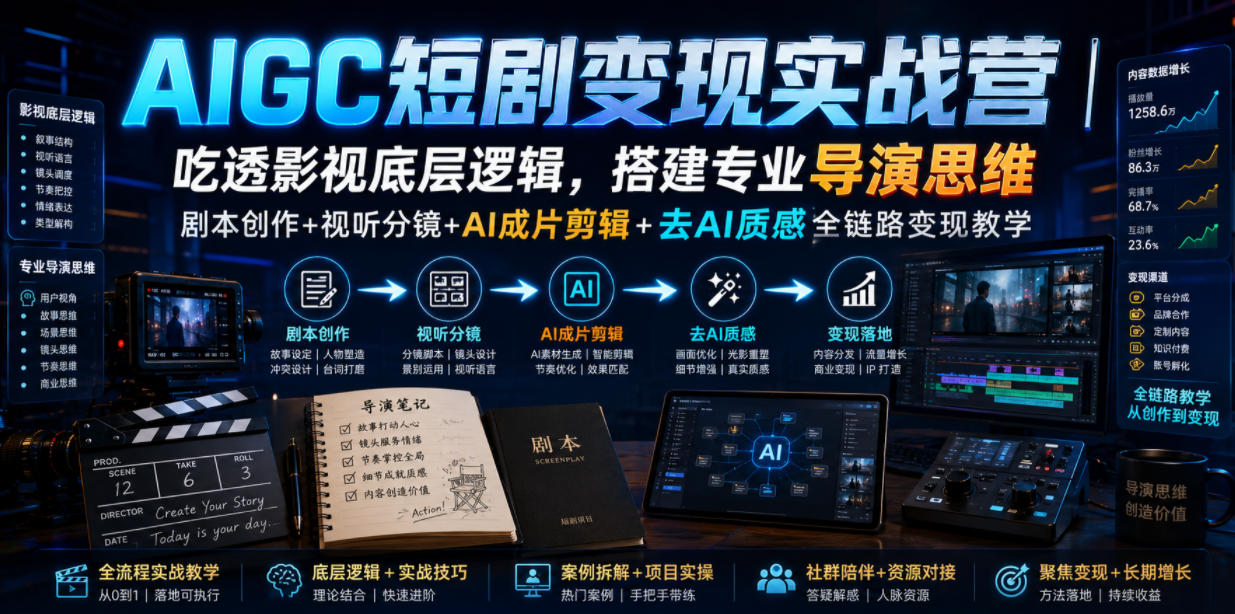 AIGC短剧变现实战营｜吃透影视底层逻辑，搭建专业导演思维，剧本创作+视听分镜+AI成片剪辑+去AI质感全链路变现教学-小艾项目网