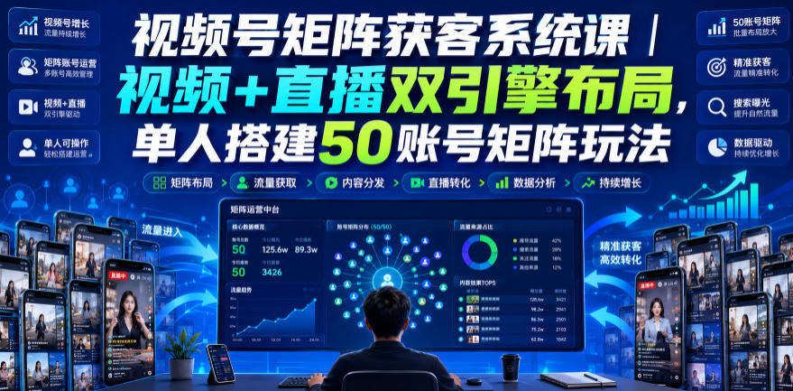 视频号矩阵获客系统课｜视频+直播双引擎布局，单人搭建50账号矩阵玩法，流量入池、搜索占位、全域引流沉淀私域全流程教学-小艾项目网