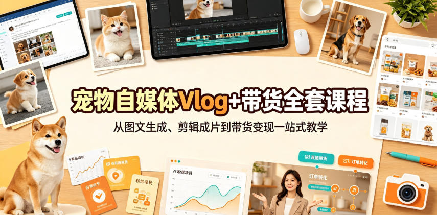 宠物自媒体Vlog+带货全套课程｜从图文生成、剪辑成片到带货变现一站式教学-小艾项目网