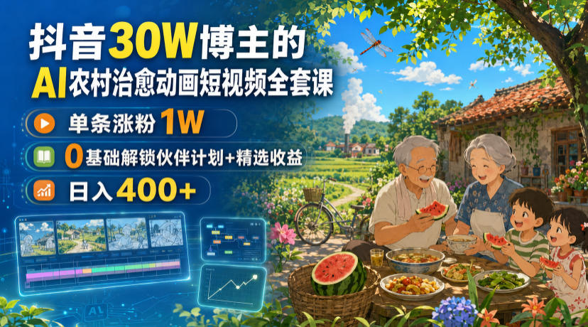 抖音30W博主的AI农村治愈动画短视频全套课|单条涨粉1W,0基础解锁伙伴计划+精选收益,日入400+-小艾项目网