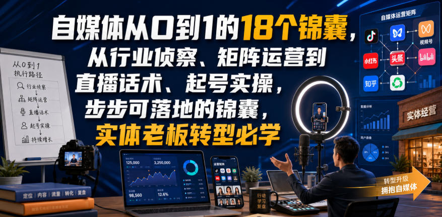 自媒体从0到1的18个锦囊，从行业侦察、矩阵运营到直播话术、起号实操，步步可落地的锦囊，实体老板转型必学-小艾项目网