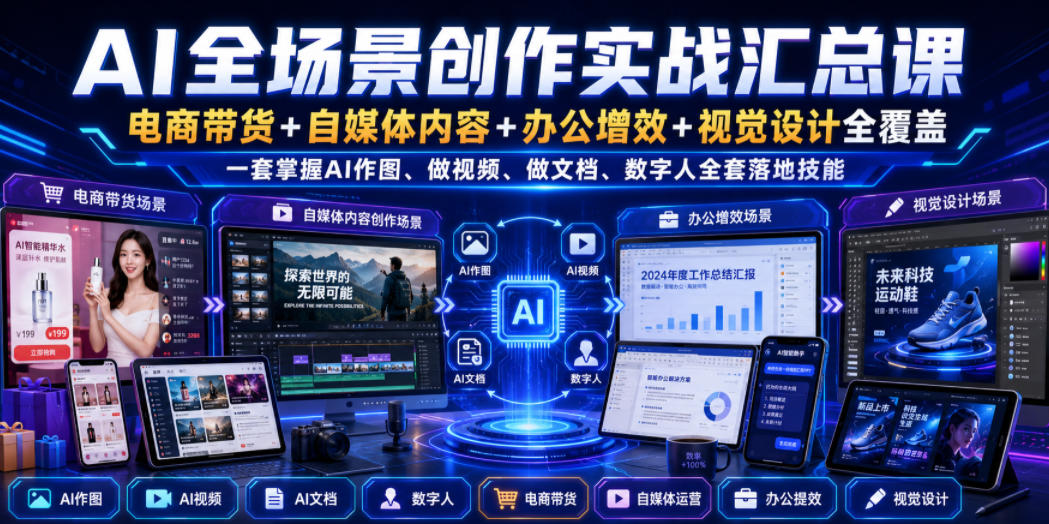 AI全场景创作实战汇总课|电商带货+自媒体内容+办公增效+视觉设计全覆盖,一套掌握AI作图、做视频、做文档、数字人全套落地技能-小艾项目网