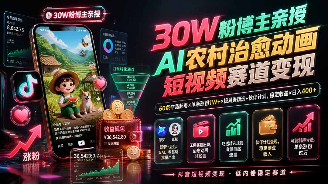 30W粉博主亲授AI农村治愈动画短视频赛道变现:60条作品起号×单条涨粉1W+×极易进精选+伙伴计划,稳定收益×日入400+-小艾项目网