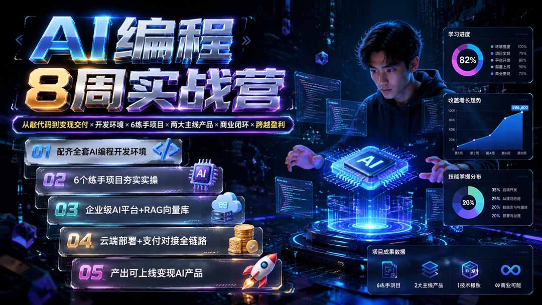 AI编程8周实战营:从敲代码到变现交付×开发环境×6练手项目×两大主线产品×商业闭环×跨越盈利-小艾项目网