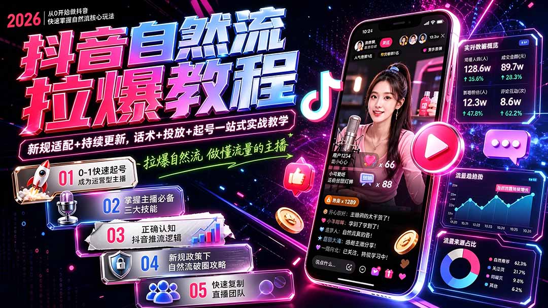 抖音自然流拉爆教程-更新7月:做懂流量的主播,新规适配+持续更新,话术+投放+起号一站式实战教学-小艾项目网
