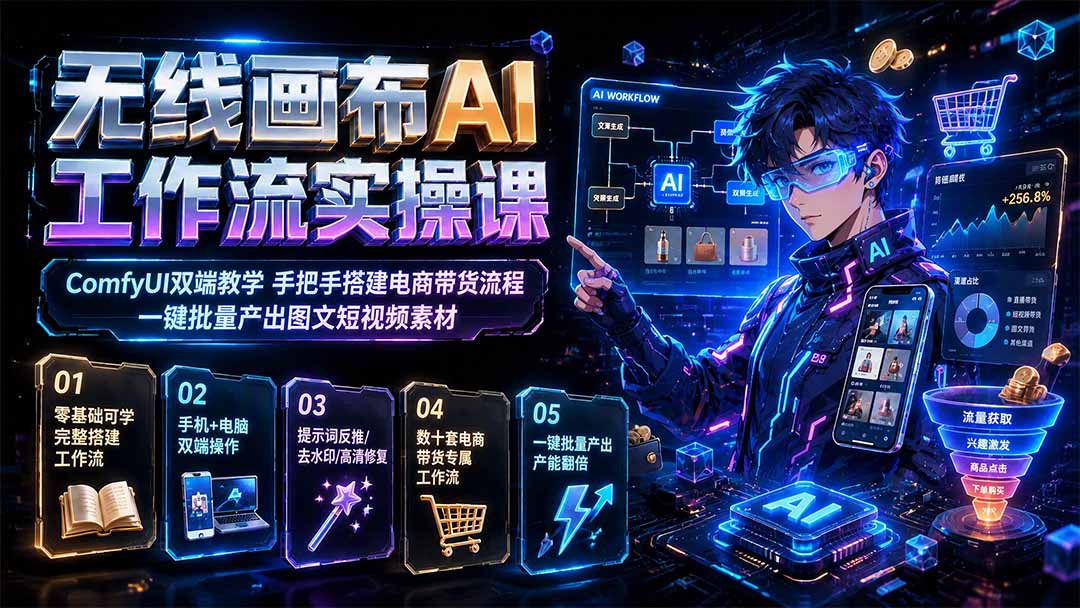 无线画布AI工作流实操课｜ComfyUI双端教学，手把手搭建电商带货流程，一键批量产出图文短视频素材-小艾项目网