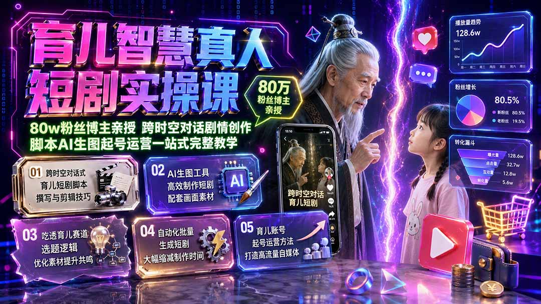 育儿智慧真人短剧实操课|80w粉丝博主亲授,跨时空对话剧情创作,脚本AI生图起号运营一站式完整教学-小艾项目网
