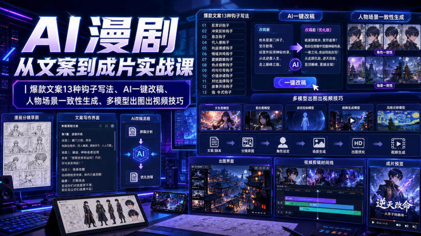 AI漫剧从文案到成片实战课|爆款文案13种钩子写法、AI一键改稿、人物场景一致性生成、多模型出图出视频技巧-小艾项目网