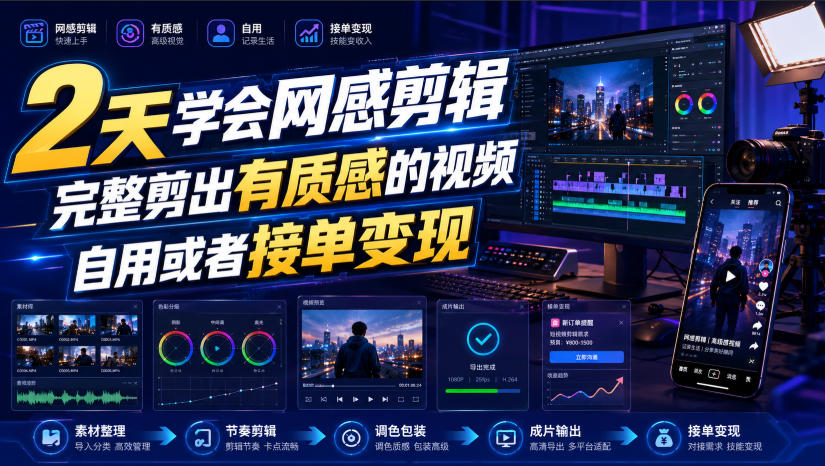 2天学会网感剪辑，完整剪出有质感的视频，自用或者接单变现-小艾项目网