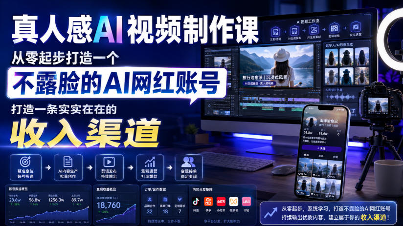 真人感AI视频制作课,从零起步打造一个不露脸的AI网红账号,打造一条实实在在的收入渠道【原创双语字幕】-小艾项目网