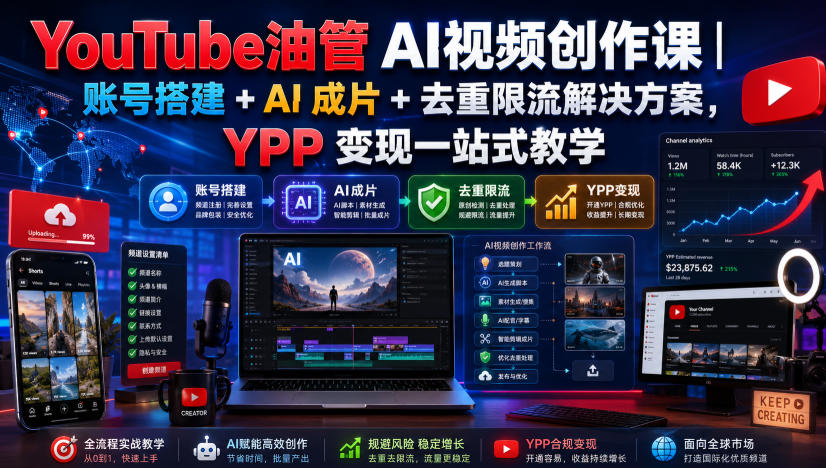YouTube油管AI视频创作课|账号搭建+AI成片+去重限流解决方案,YPP变现一站式教学-小艾项目网