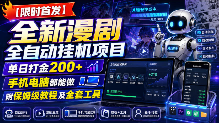 【限时首发】全新漫剧全自动挂G项目,单日打金200+,手机电脑都能做,附保姆级教程及全套工具【揭秘】-小艾项目网