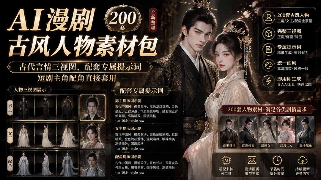 AI漫剧古风人物素材包+提示词|200 套古代言情三视图,配套专属提示词短剧主角配角直接套用-小艾项目网