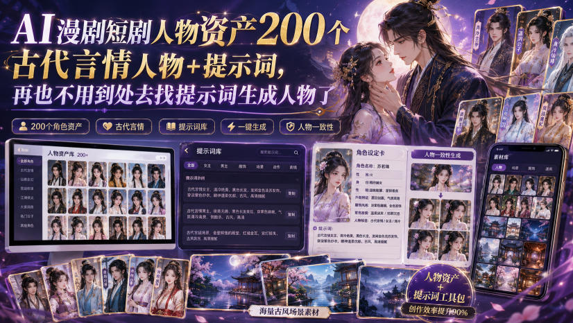 AI漫剧短剧人物资产200个古代言情人物+提示词，再也不用到处去找提示词生成人物了-小艾项目网