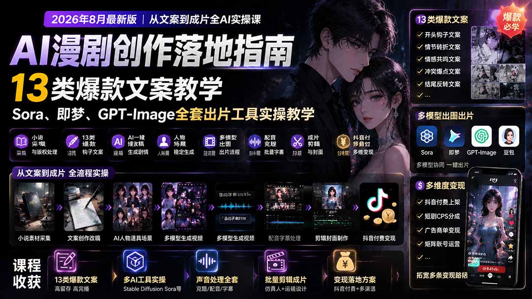 AI漫剧创作落地指南｜13类爆款文案教学，Sora、即梦、GPT-Image全套出片工具实操教学-小艾项目网