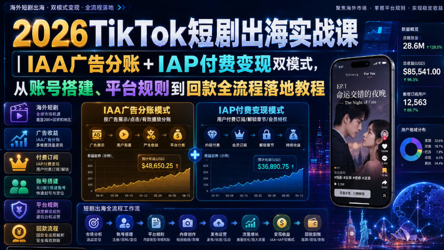 2026TikTok短剧出海实战课｜IAA广告分账+IAP付费变现双模式，从账号搭建、平台规则到回款全流程落地教程-小艾项目网