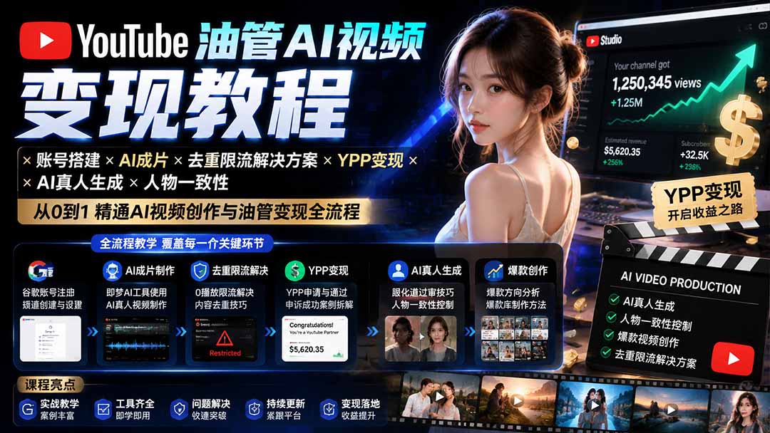YouTube油管AI视频变现教程:账号搭建×AI成片×去重限流解决方案×YPP变现×AI真人生成×人物一致性-小艾项目网