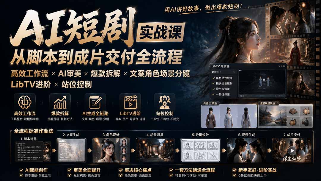 AI短剧实战课：高效工作流×AI审美×爆款拆解×文案角色场景分镜×LibTV进阶×站位控制×从脚本到成片交付全流程-小艾项目网