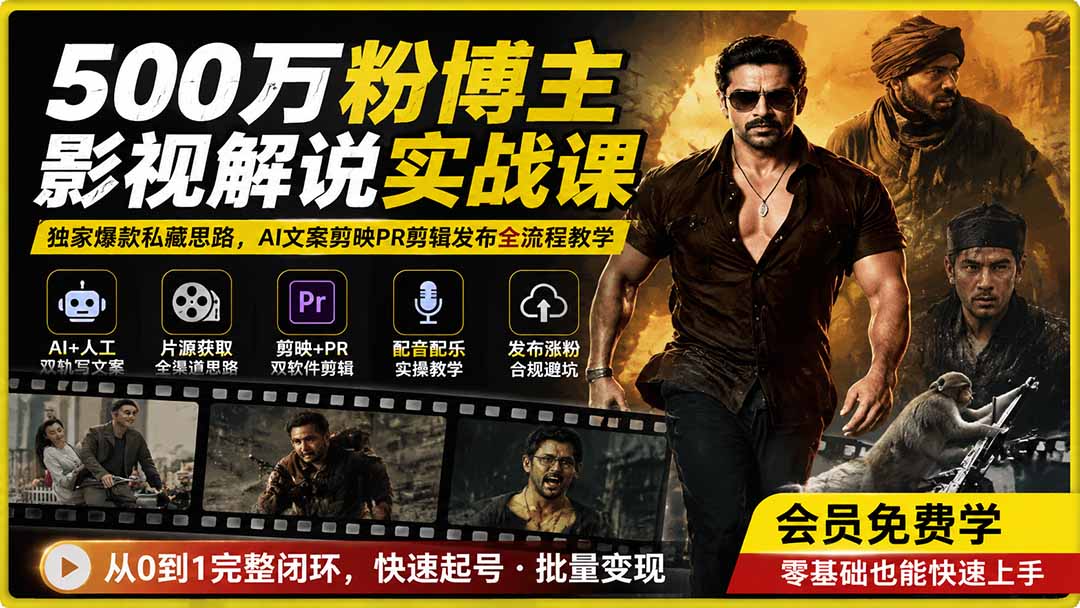 500万粉博主影视解说实战课｜独家爆款私藏思路，AI文案剪映PR剪辑发布全流程教学-小艾项目网