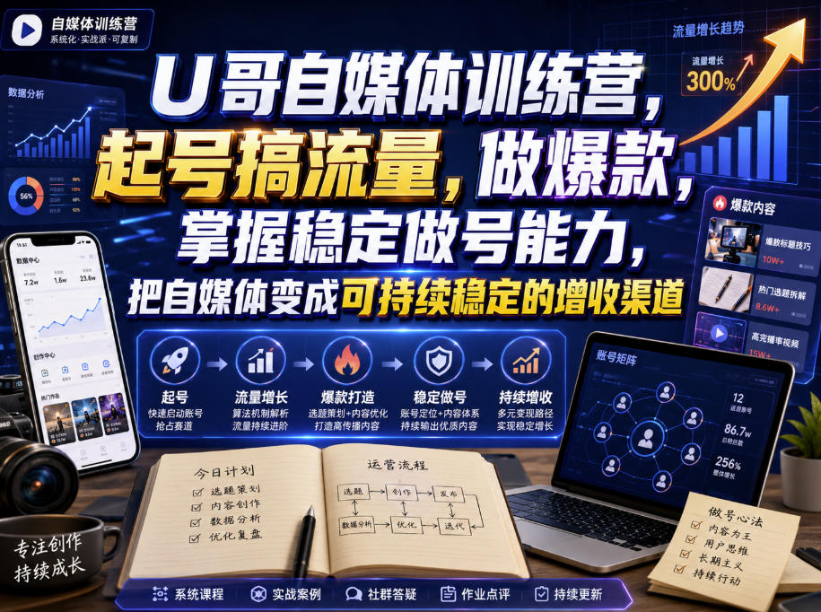 U哥自媒体训练营,起号搞流量,做爆款,掌握稳定做号能力,把自媒体变成可持续稳定的增收渠道-小艾项目网