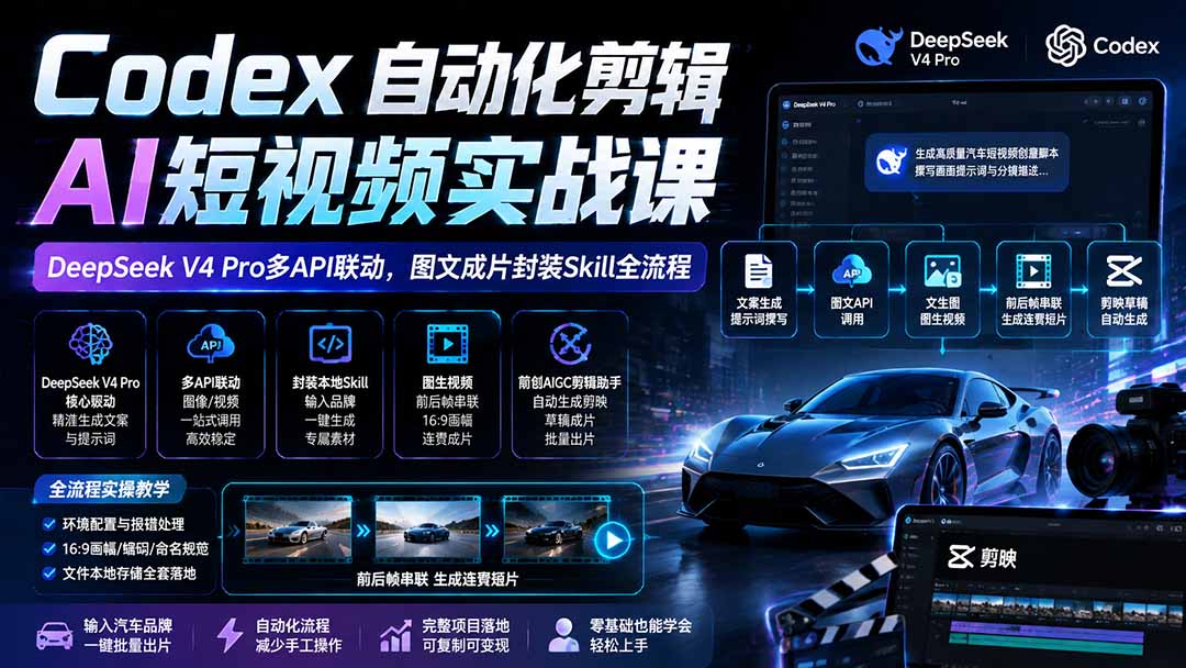 Codex自动化剪辑AI短视频实战课|DeepSeek V4 Pro多API联动,图文成片封装Skill全流程-小艾项目网