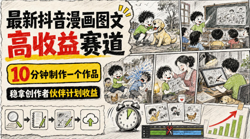最新抖音漫画图文高收益赛道,10分钟制作一个作品,稳拿创作者伙伴计划收益-小艾项目网